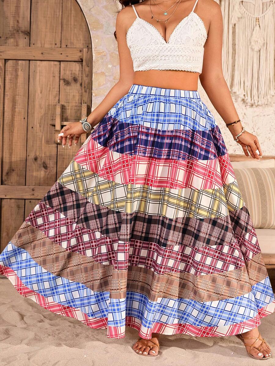 Breezaya Falda larga casual de talla grande para mujer con cintura elástica y estampado a cuadros