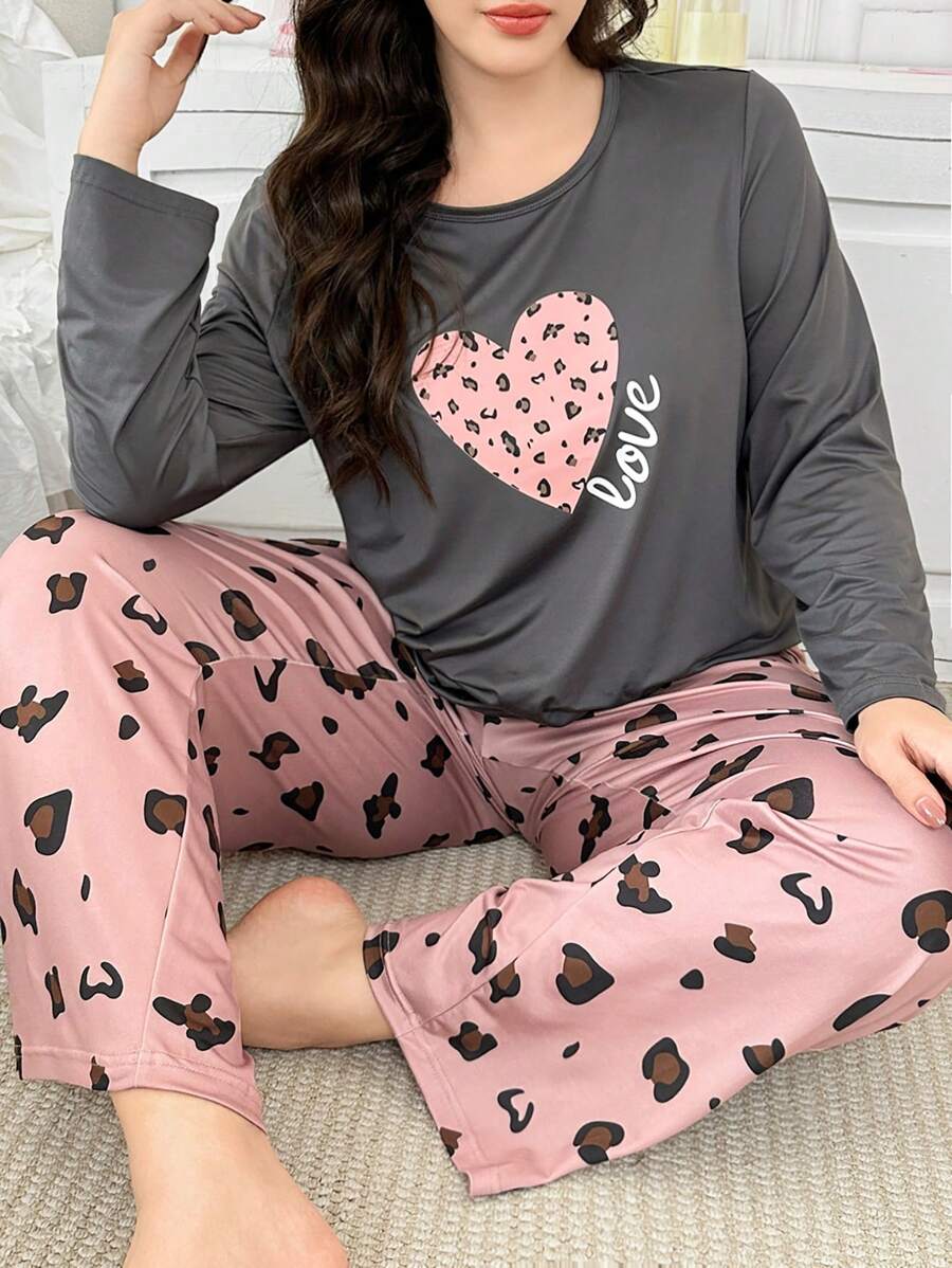 Conjunto de pijama de manga larga y pantalón largo con estampado de corazón y "Amor" de leopardo para el Día de San Valentín en talla grande
