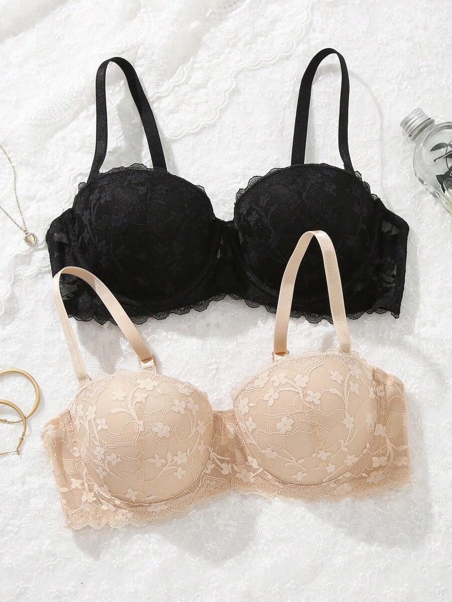 Shein Underwear&Sleepwear Basics 2 Stück/Set Spitzen-BH mit Bügel und Polsterung, mit abnehmbaren Trägern Lingerie
