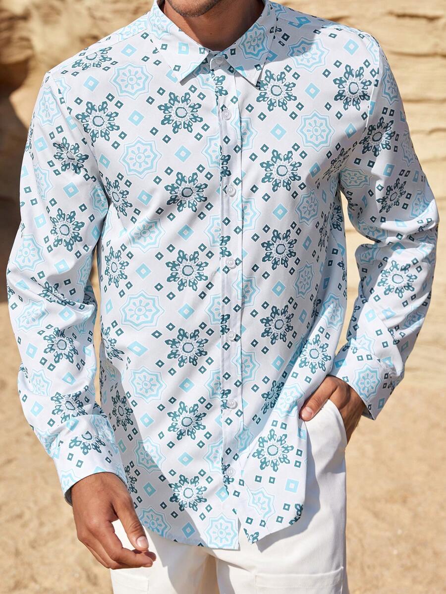Manfinity Homme Camisa casual de manga larga con cierre de botones al frente y estampado total para hombre