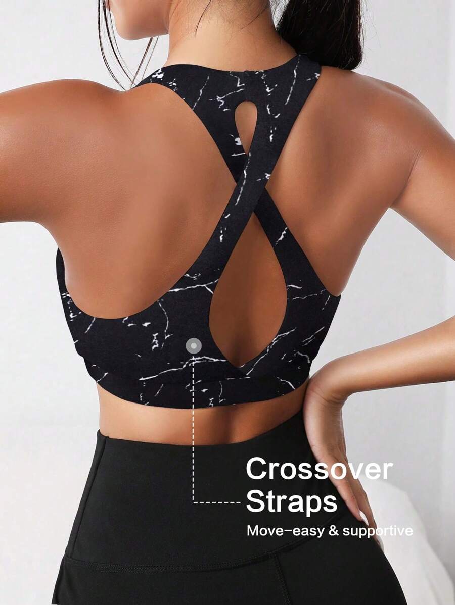 SHEIN Sport Studio Sujetador deportivo con estampado de mármol con abertura trasera