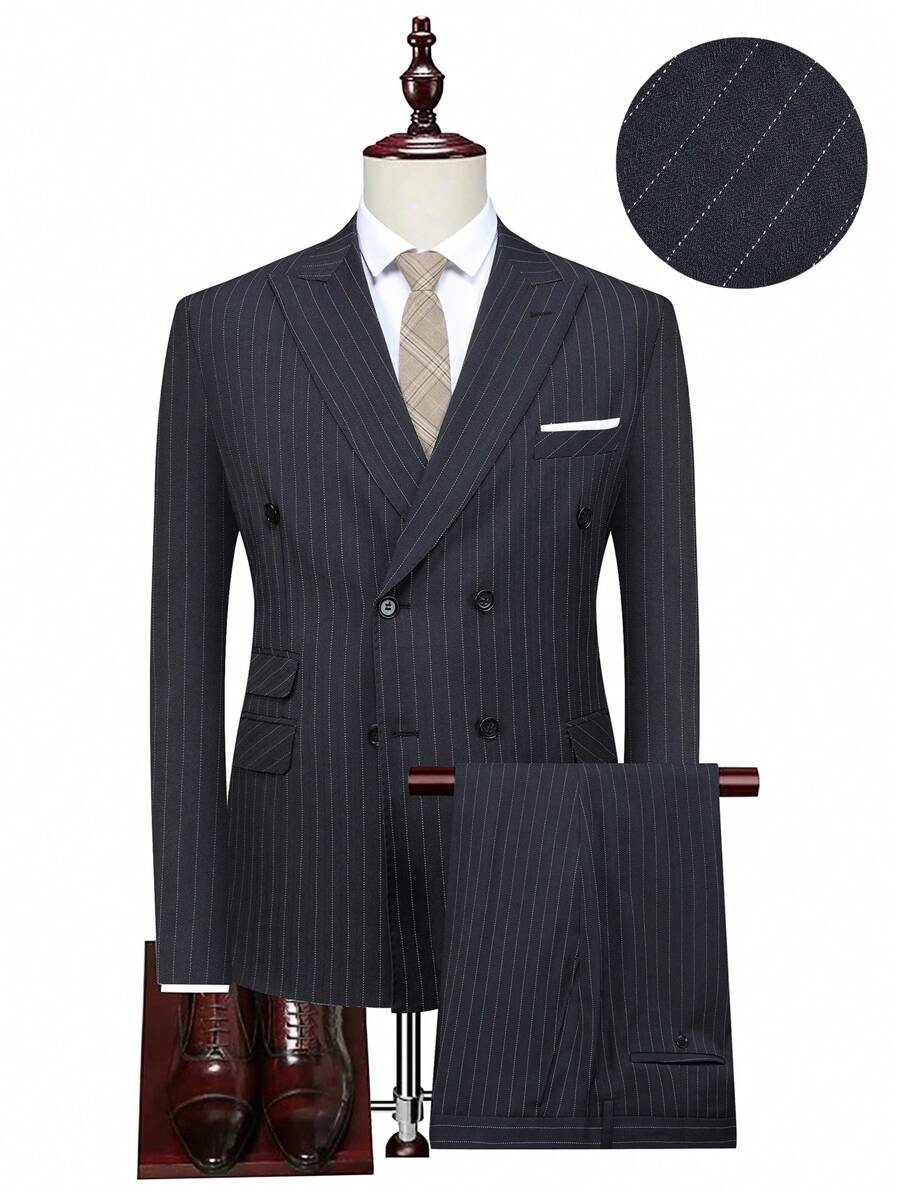 Manfinity Mode Plus Size Men's Striped Double Breasted Long Sleeve Minimalist Blazer And Pants Suit Set