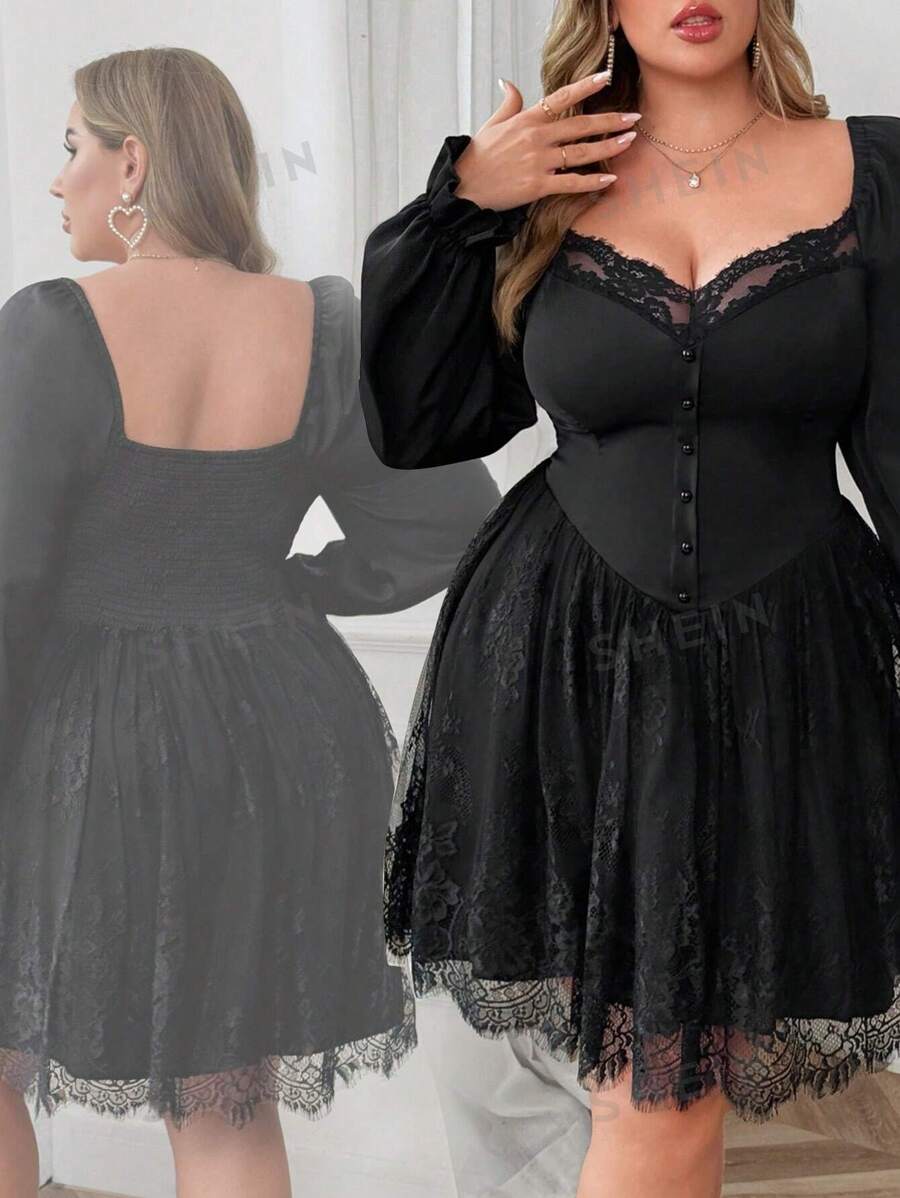 Celure Vestido de manga larga con cuello cuadrado con diamantes, botones delanteros, falso plastrón, ribete de encaje en el bajo, con motivos de San Valentín, rosas, corazones, lunares, amor, labios, Cupido y flores 152D, talla grande