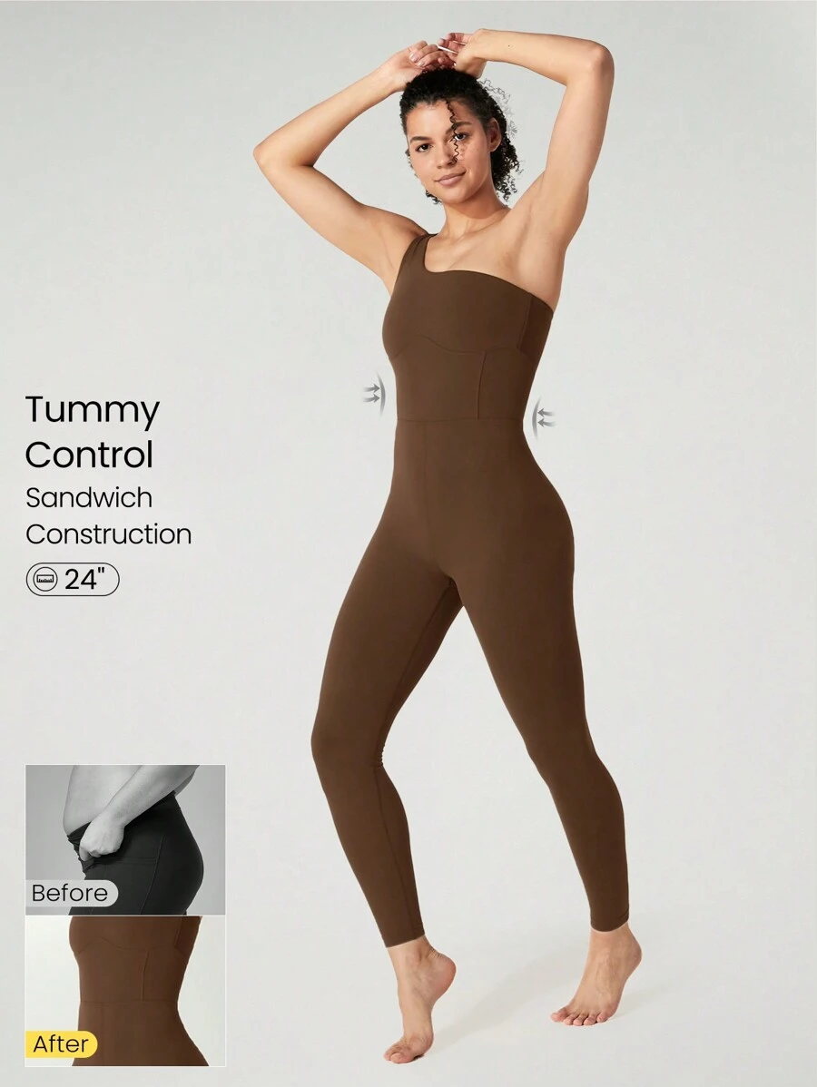 GLOWMODE 24" FeatherFit™ Asymmetrical Neck Tummy Control Shapewear Sports Jumpsuit Low Impact Yoga Daily Summer