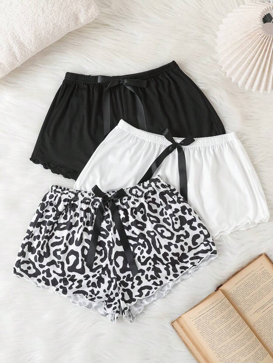 Shein Underwear&Sleepwear Basics Pantalones cortos de pijama casuales minimalistas para mujer con decoración de lazo