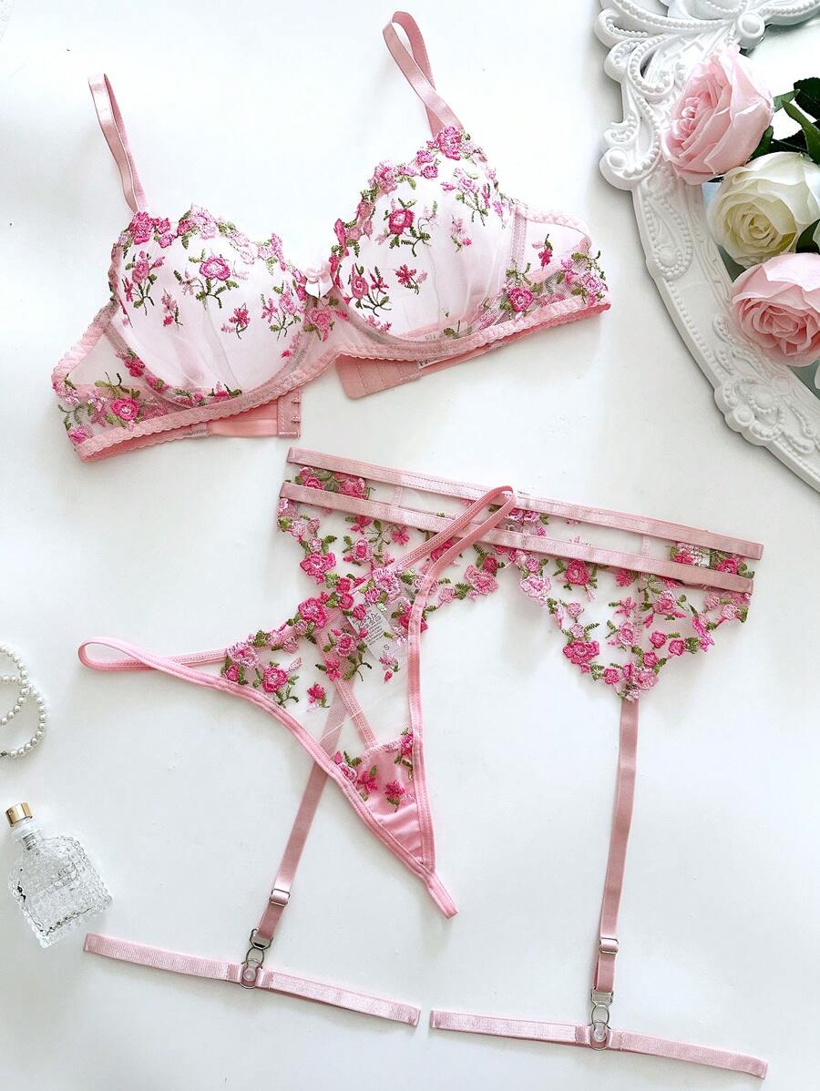 Set de lencería de 5 piezas con top de tirantes y ropa interior con bordado floral para mujeres