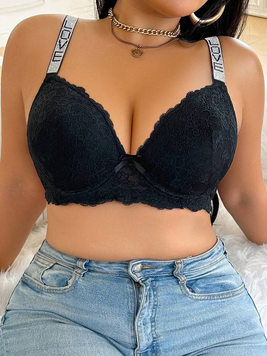 Plus Size Women's Elegant Lace Rhinestone Embellished Lingerie