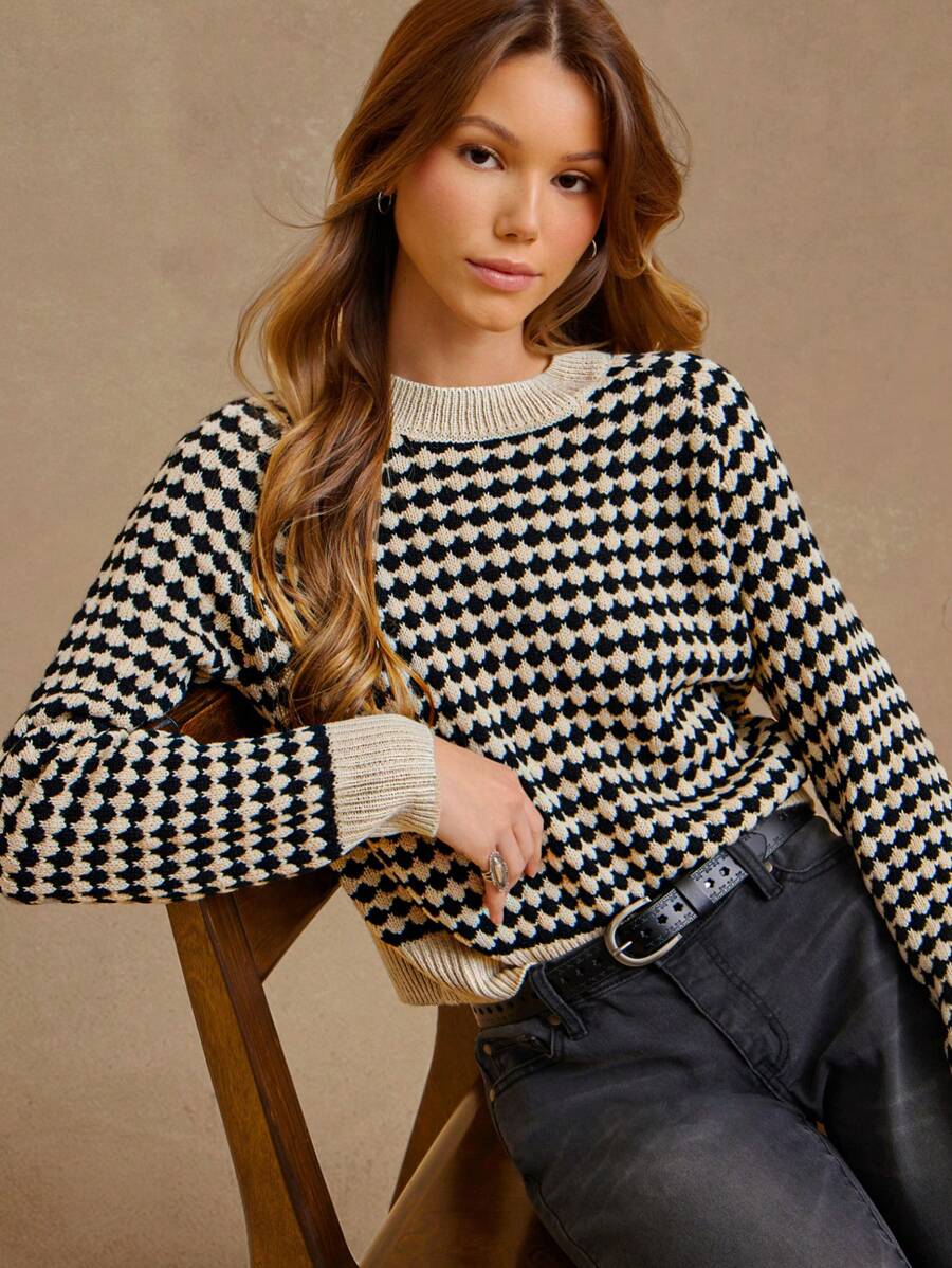 WESTFADE Summer Two Tone Colorblock Geo Pattern Crewneck Long Sleeve Sweater Western Wear Women