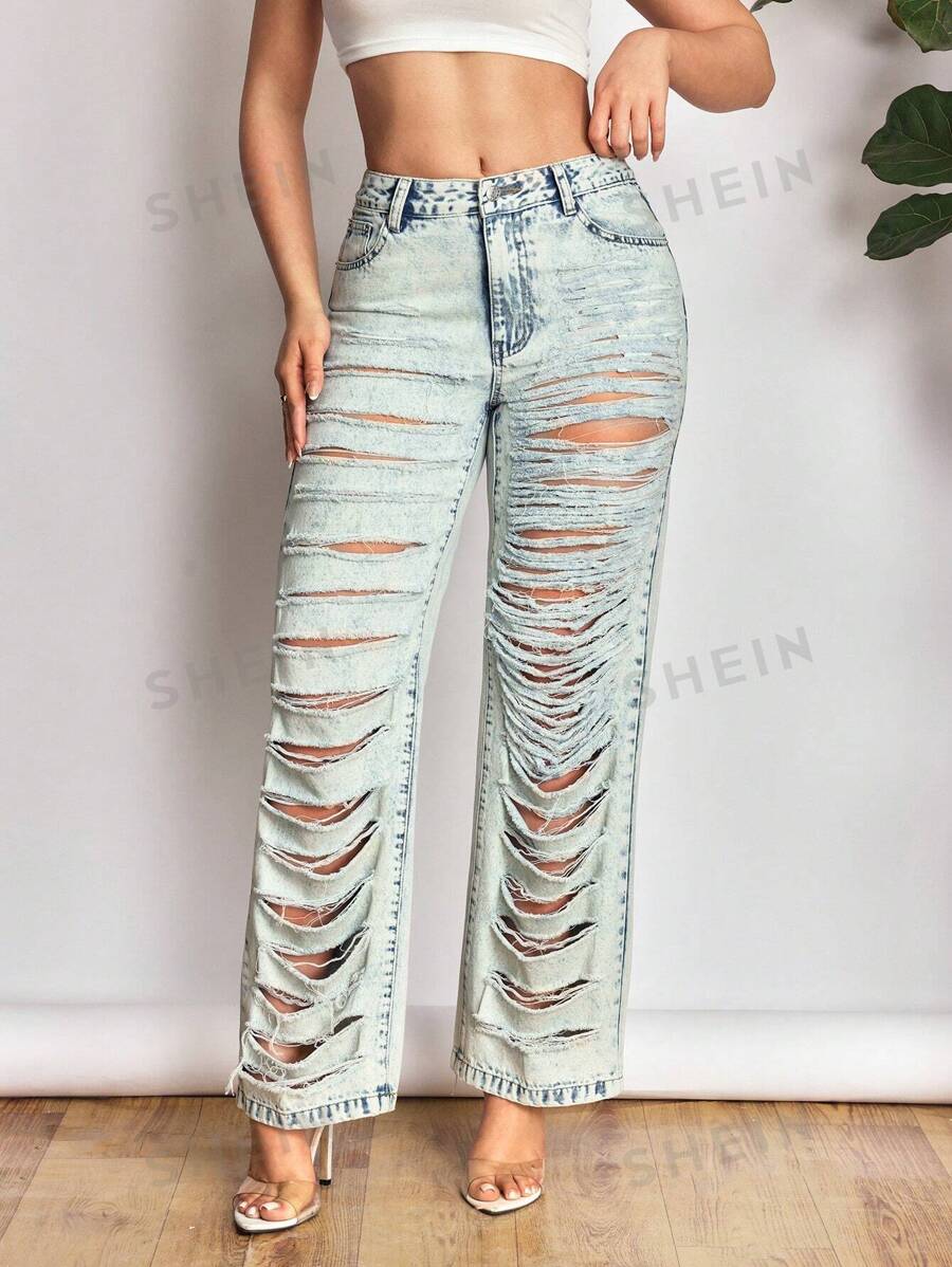 SHEIN SXY Jeans rectos de pierna casual con efecto desgastado de moda, estilo callejero para mujeres