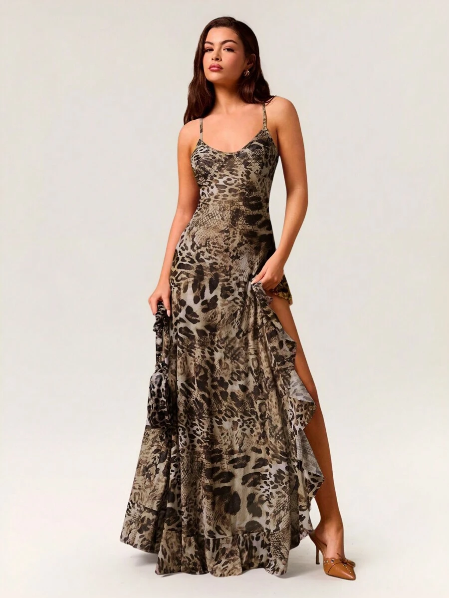 Glamine Women's Jungle Camo Maxi Dress: Sexy Leopard Print With High Slit And Ruffle Detail Women Dresses Vacation