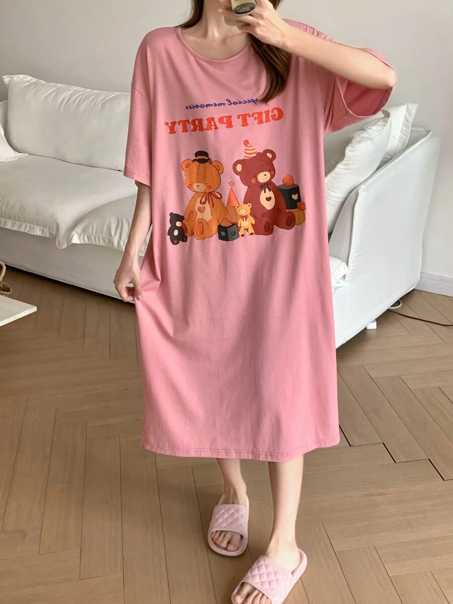 DAZY Camisón de mujer de manga corta con estampado de dibujos animados y corte holgado