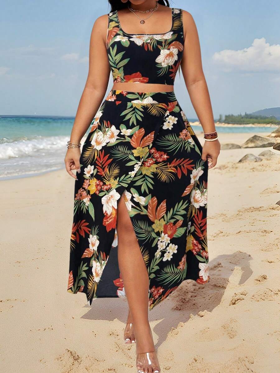 Breezaya Plus Size 2 Pieces Set: Elegant Vintage Style Sleeveless Tank Top & High Waist Slit Maxi Dress With Random Floral Print, Versatile Separates For Summer, Graduations, Holidays, Parties, Gatherings