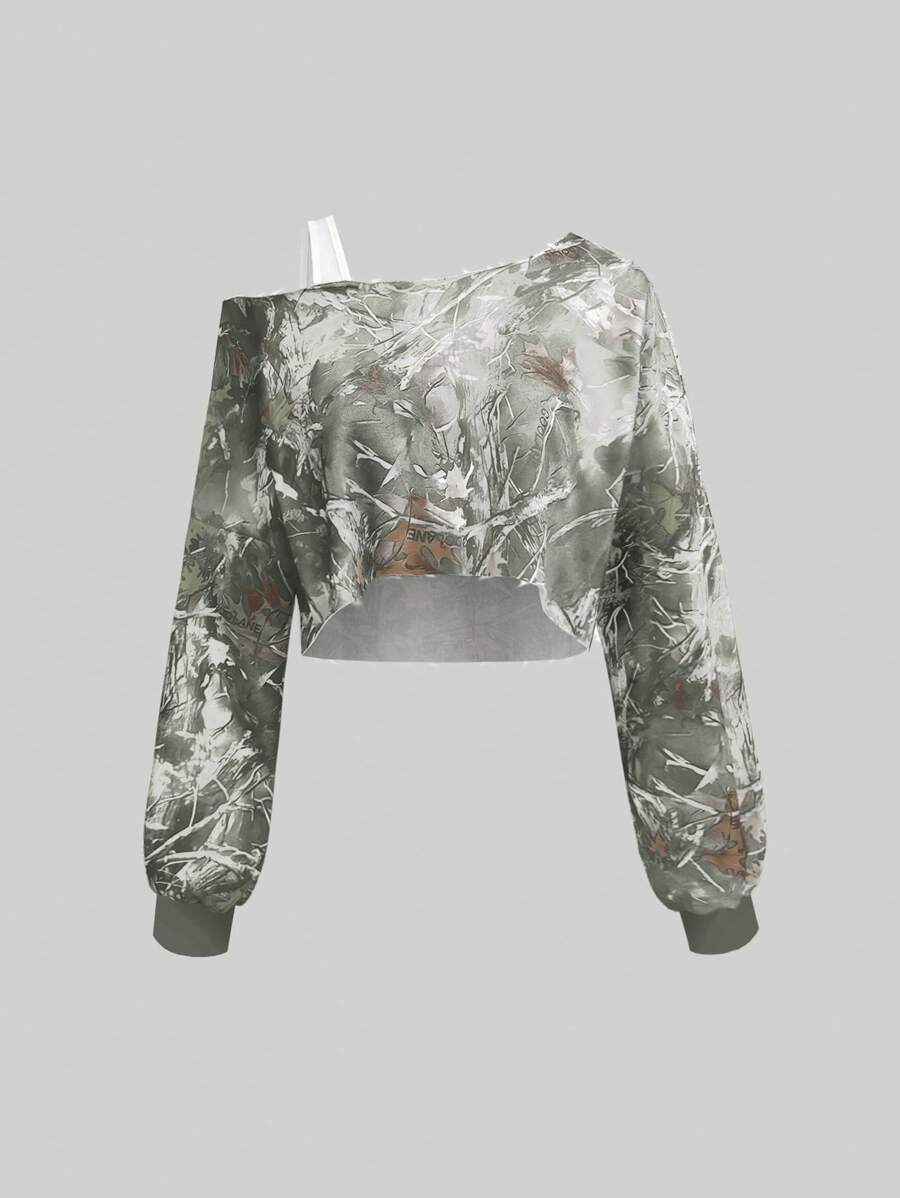 Sweetra Colorblock Branch & Forest Graphic Asymmetrical Shoulder Strap Cropped Women Hoodie Graduation,Back To School Outfits,Graduation,Teacher Outfits For Women,Back To School