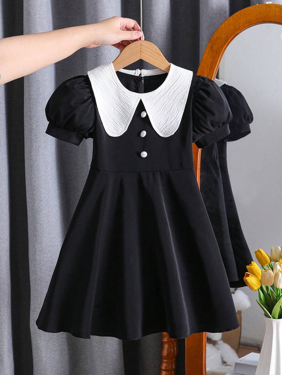 Young Girl' Elegant Waist Flared Short Sleeve Dress + Detachable Collar, Suitable For Daily Commute, Casual, Entertainment, Holiday And Travel In Summer