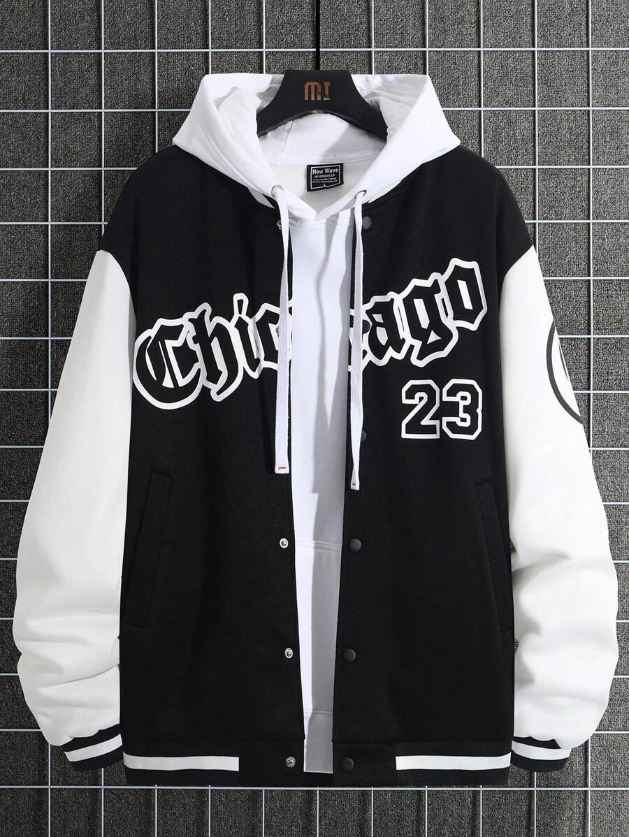 Manfinity Homme Plus Size Men's Letter Print Long Sleeve Casual Baseball Jacket