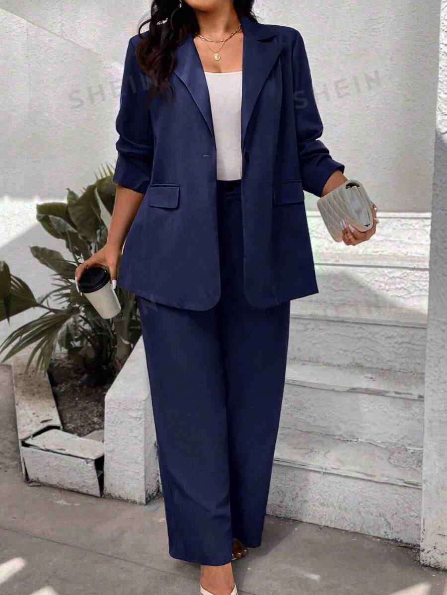 Calvaya Conjunto De Chaqueta Y Pantalón Para Mujer - Talla Grande, Chaqueta De Traje De Un Solo Botón Con Solapa Muesca Y Manga Larga