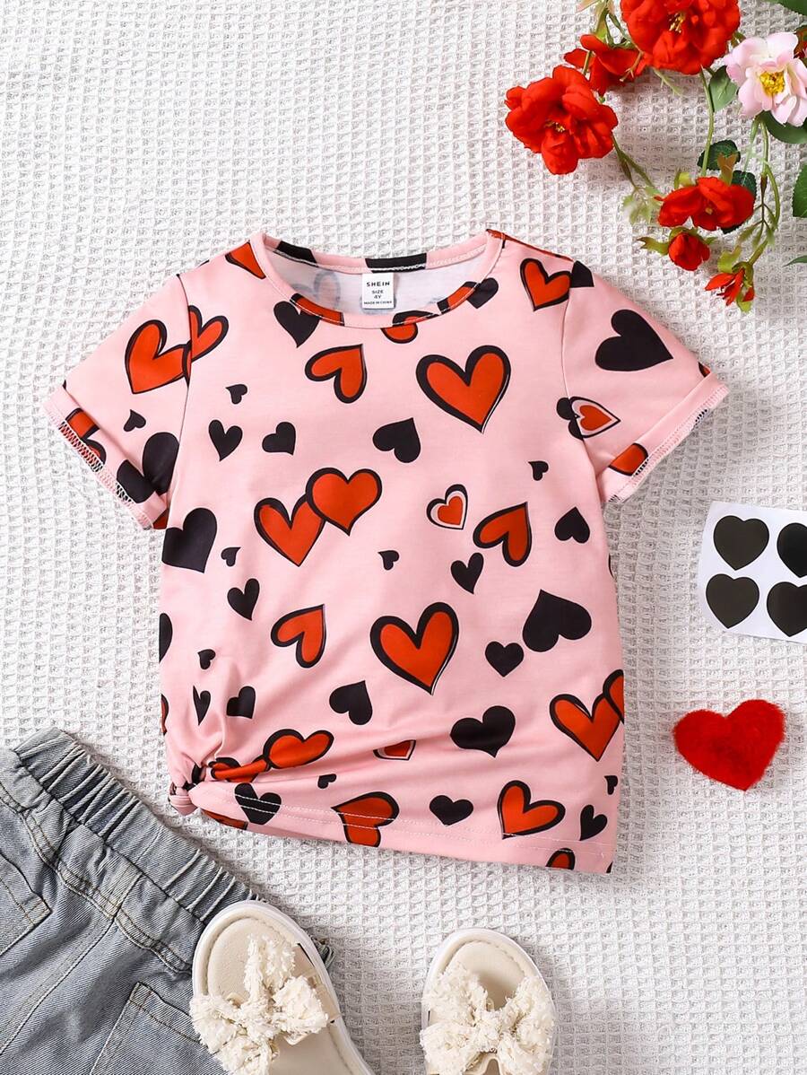 SHEIN Young Girls Valentine's Day Casual Heart Print Short Sleeve T-Shirt