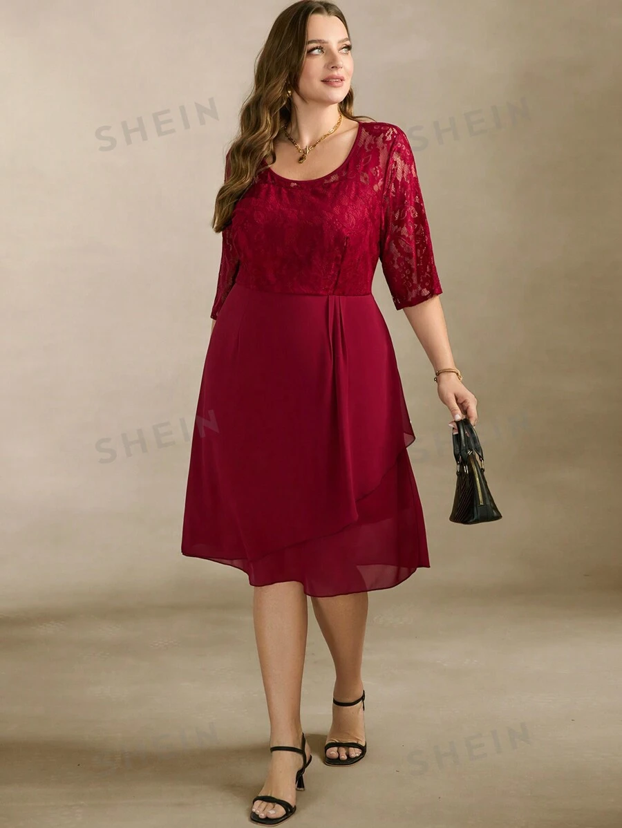 SHEIN Clasi Vestido rojo de talla grande elegante con parches de encaje, gasa con pliegues en la cintura y ajuste al Body, ideal para el Día de San Valentín y la primavera