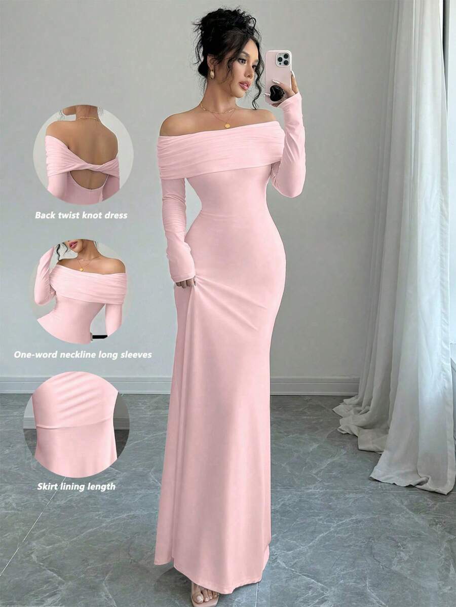 Rafferiza Sexy Elegant Fitted Long Sleeve Cinched Waist Double Layer Off-Shoulder Backless Twist Fishtail Hem Ribbed Knit Dress, White, Autumn/Winter Maxi Women Outfit