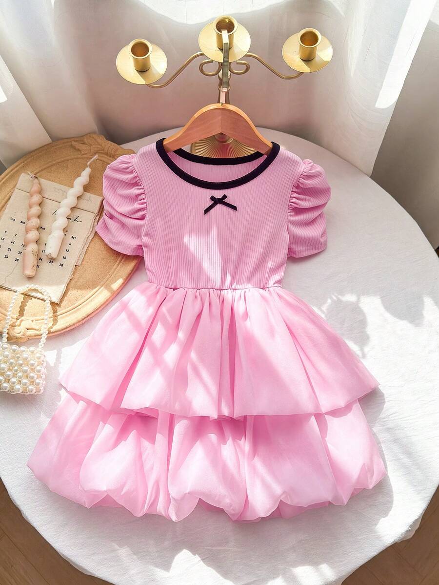 SHEIN Young Girl Ribbed Ruffle Lantern Sleeve Patchwork Organza Birthday Dress, Elegant Party Princess Frock For Children, Summer