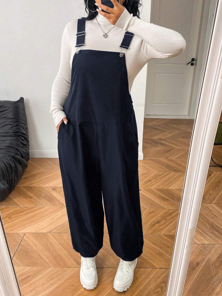 SHEIN EZwear Plus Size Vrouwen Herfstkleding Zwarte Jumpsuit, Winterkleding Voor Vrouwen