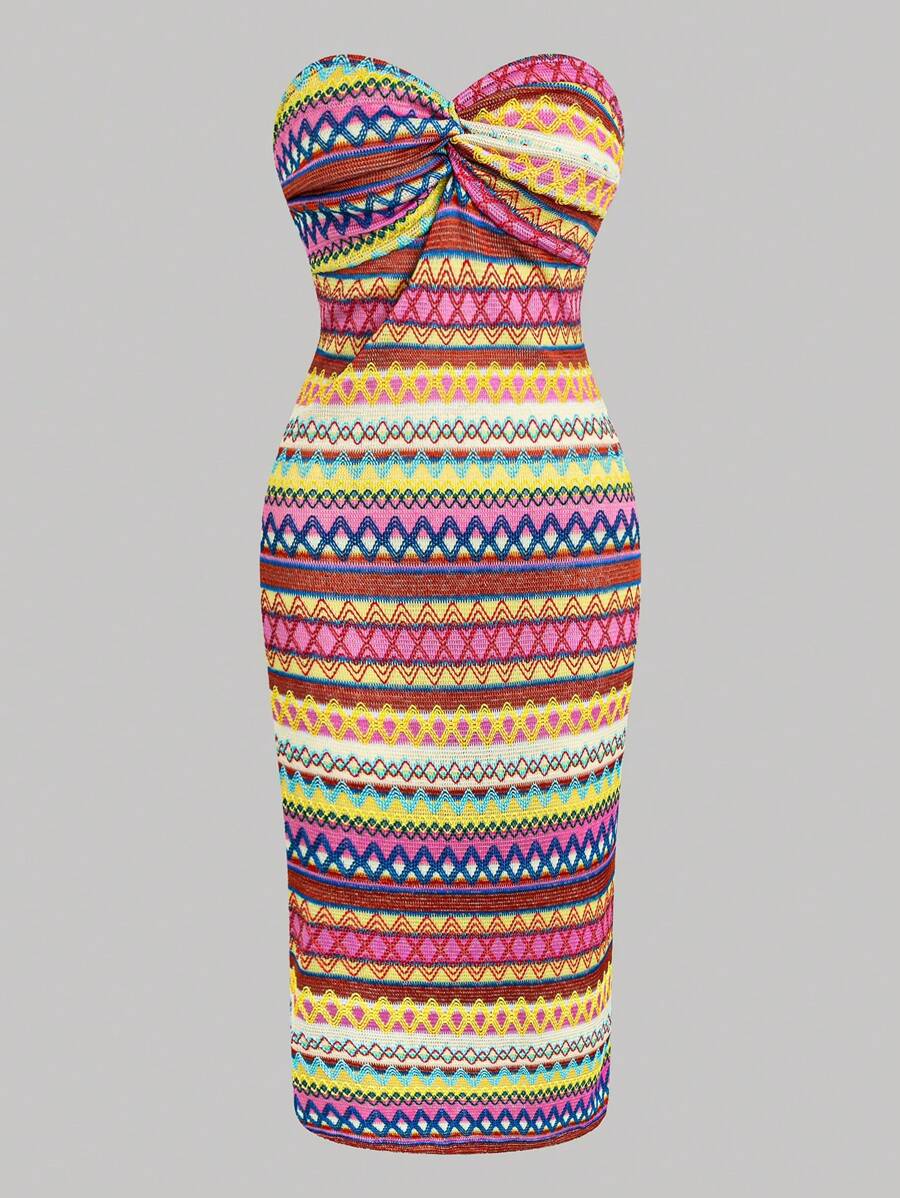 Flirla Vrouwen golvende gestreepte twist bandeau bodycon jurk
