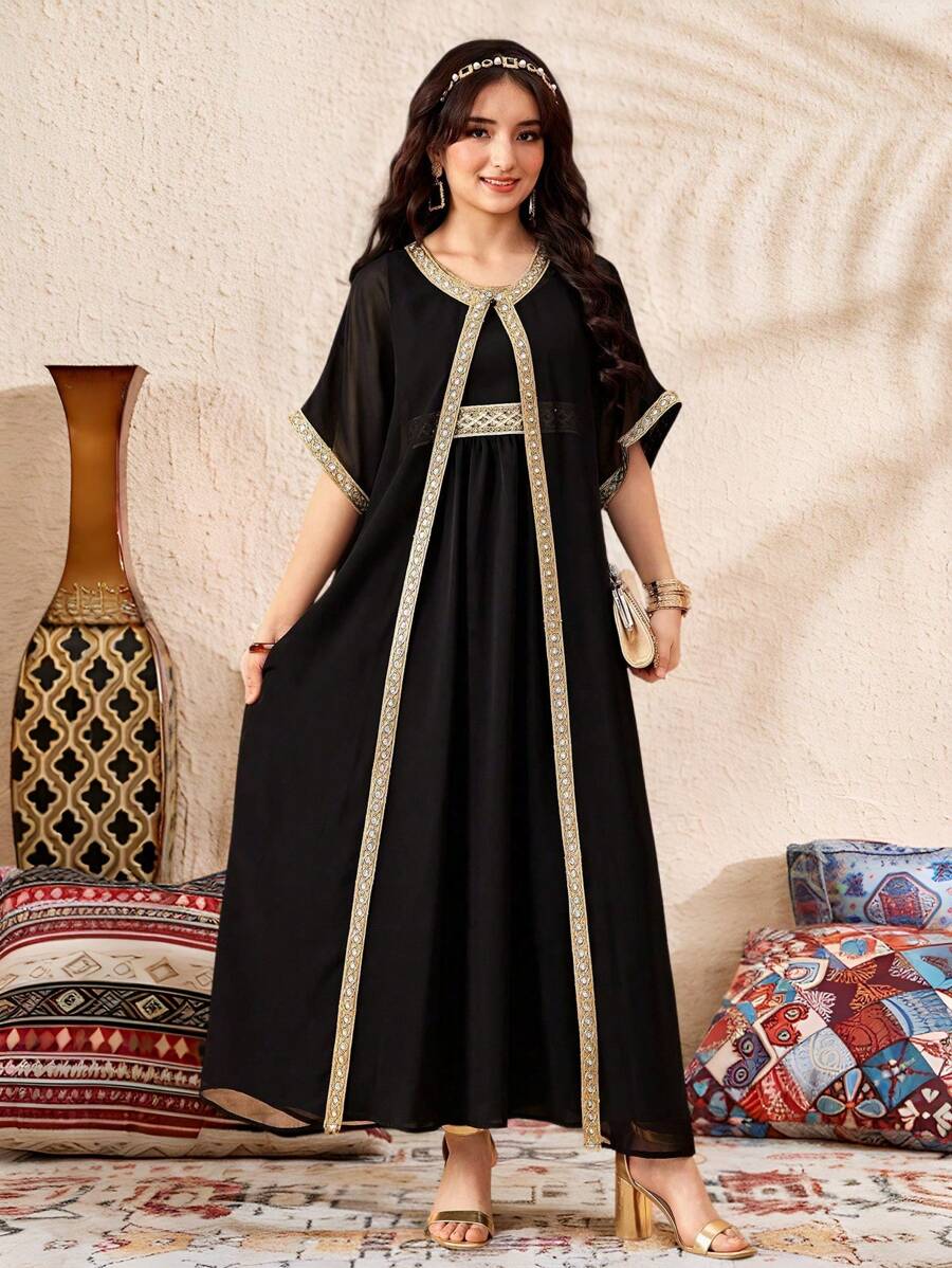 SHEIN Conjunto de 2 piezas para adolescentes con cárdigan negro con lámina de oro y vestido sin mangas elegante de princesa