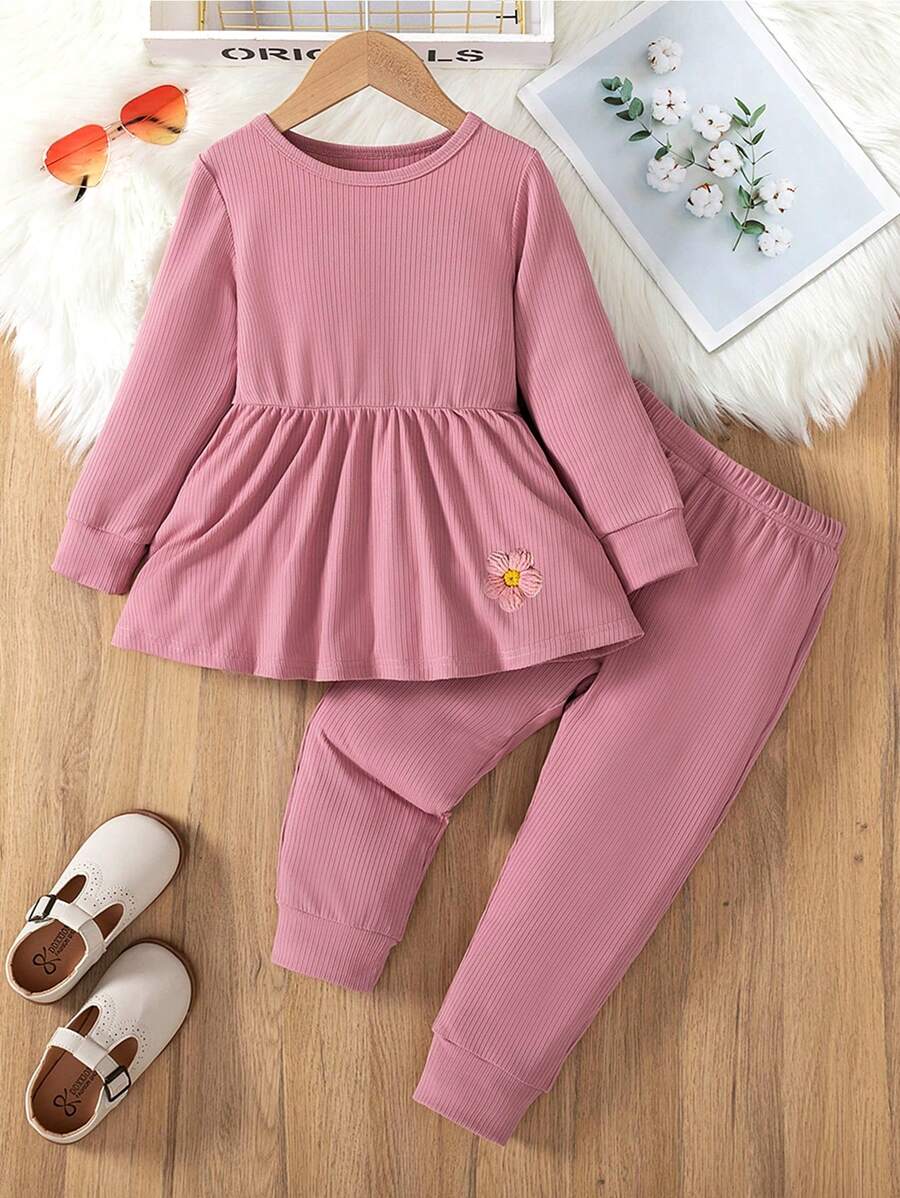 Ensemble de 2 pièces pour jeunes filles avec un Top à col rond mignon et un pantalon à taille élastique, décontracté et doux pour le quotidien, les vacances et les festivals