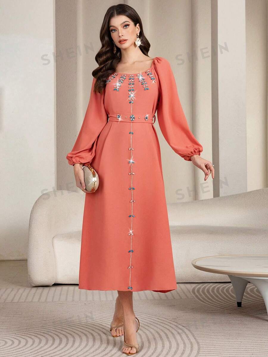 Al Najma Vestido midi elegante para mujer con hombros descubiertos, adorno de perlas falsas y detalles brillantes, para uso diario