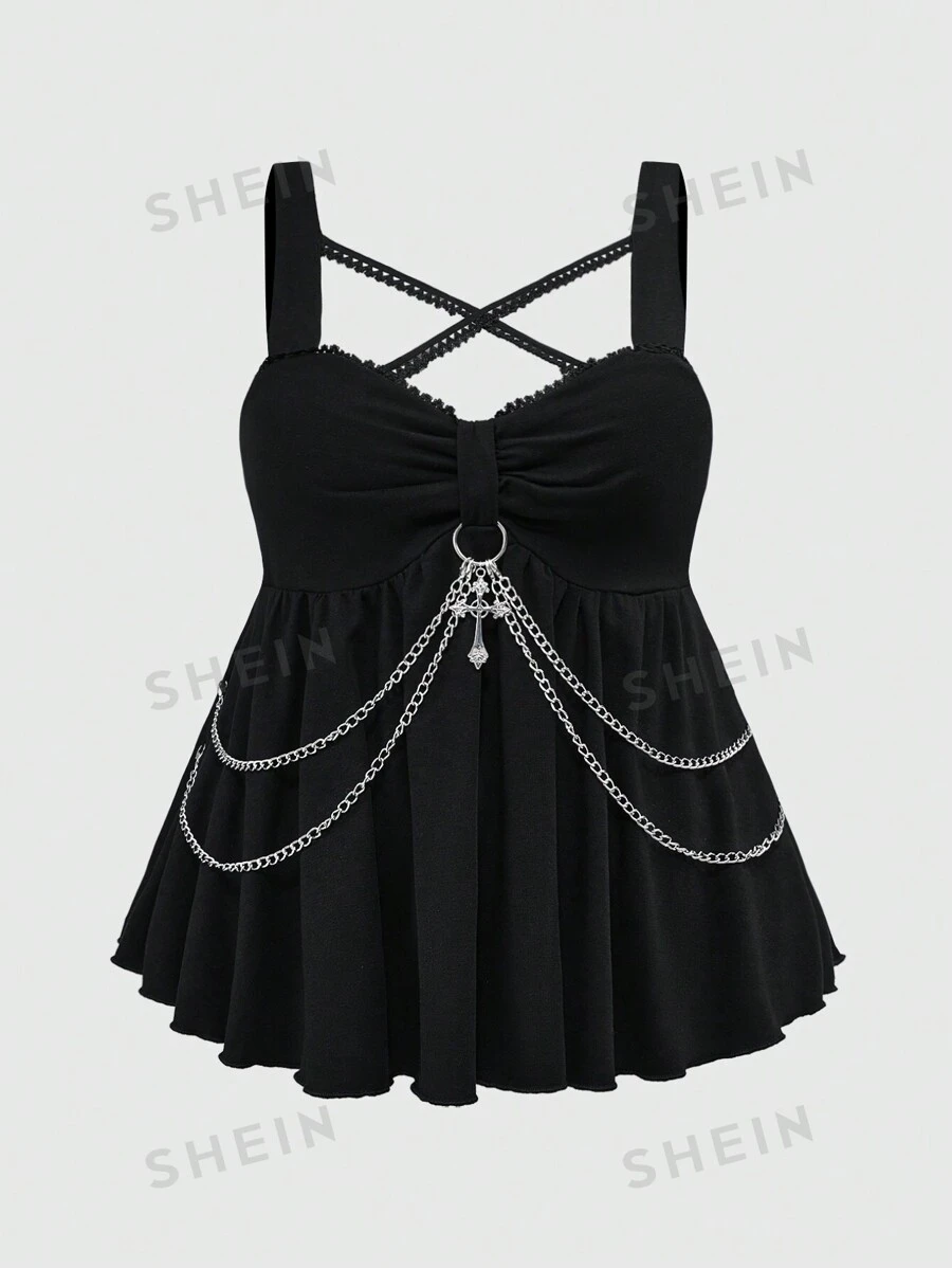 ROMWE Goth Top tipo Tank con adorno de cadena en forma de cruz, estilo gótico punk, para tallas grandes