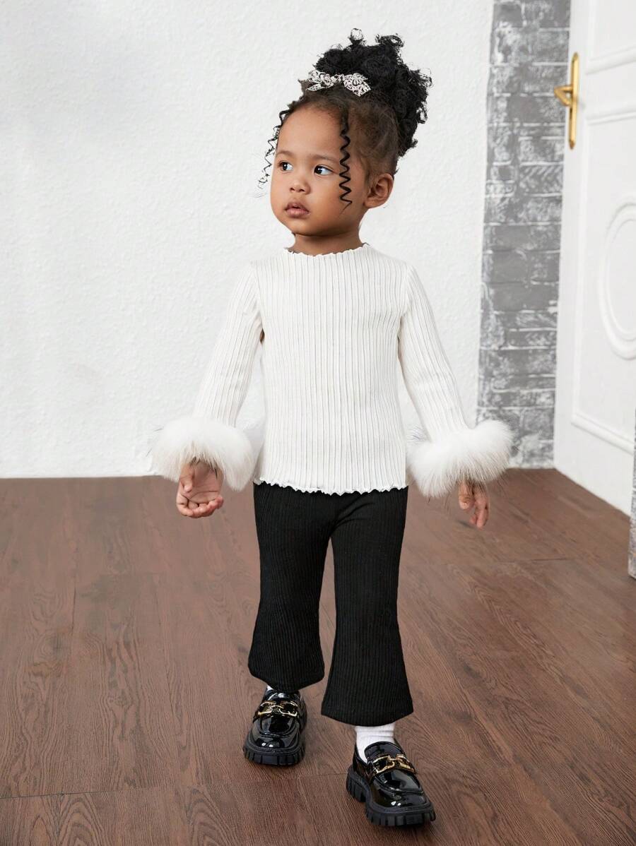 SHEIN Baby Girl Top, Urban Fashion Ribbed Splicing Fuzzy Sleeve Sweatshirt, Suitable For Outings, Gatherings, Parties, Vacations, Shopping And Other Occasions, Autumn/Winter