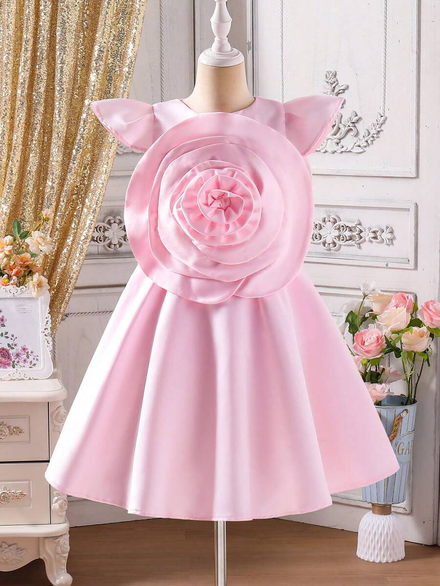 SHEIN Dziewczęca słodka elegancka minimalistyczna różowa sukienka z okrągłym dekoltem i kwiatowym wzorem 3D