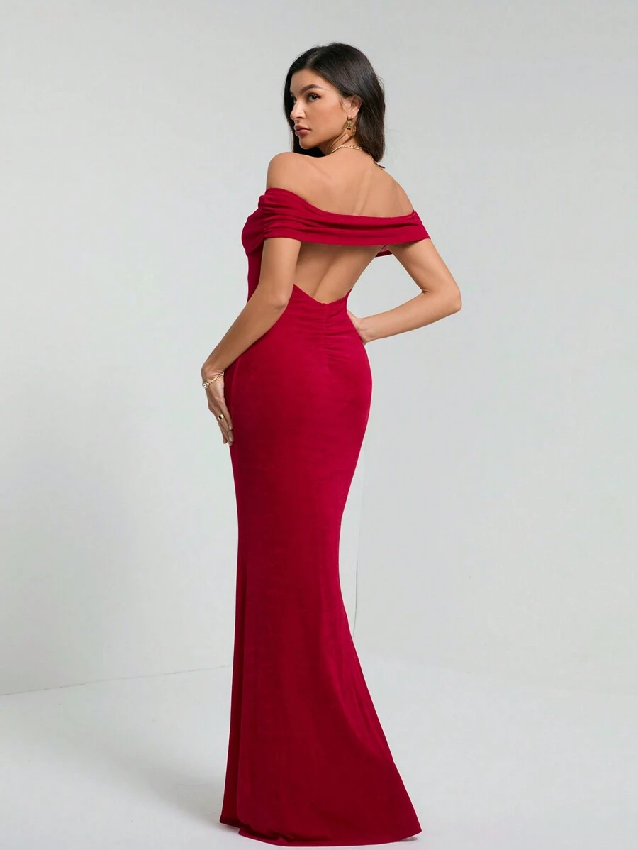 SHEIN Tall Summer Women's Solid Color One-Shoulder Sexy See-Through Elegant Fishtail Backless Tight Graduation Dress Long Skirt