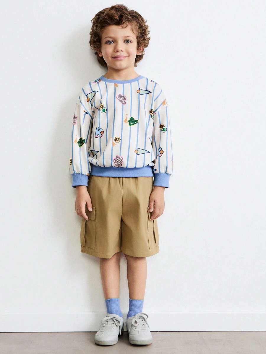 THE HAPPY LOOK Young Boys Ribbed Cute Graphic Print Crew Neck Drop Shoulder Sweatshirts, Casual & Adorable Style, Suitable For Spring & Winter