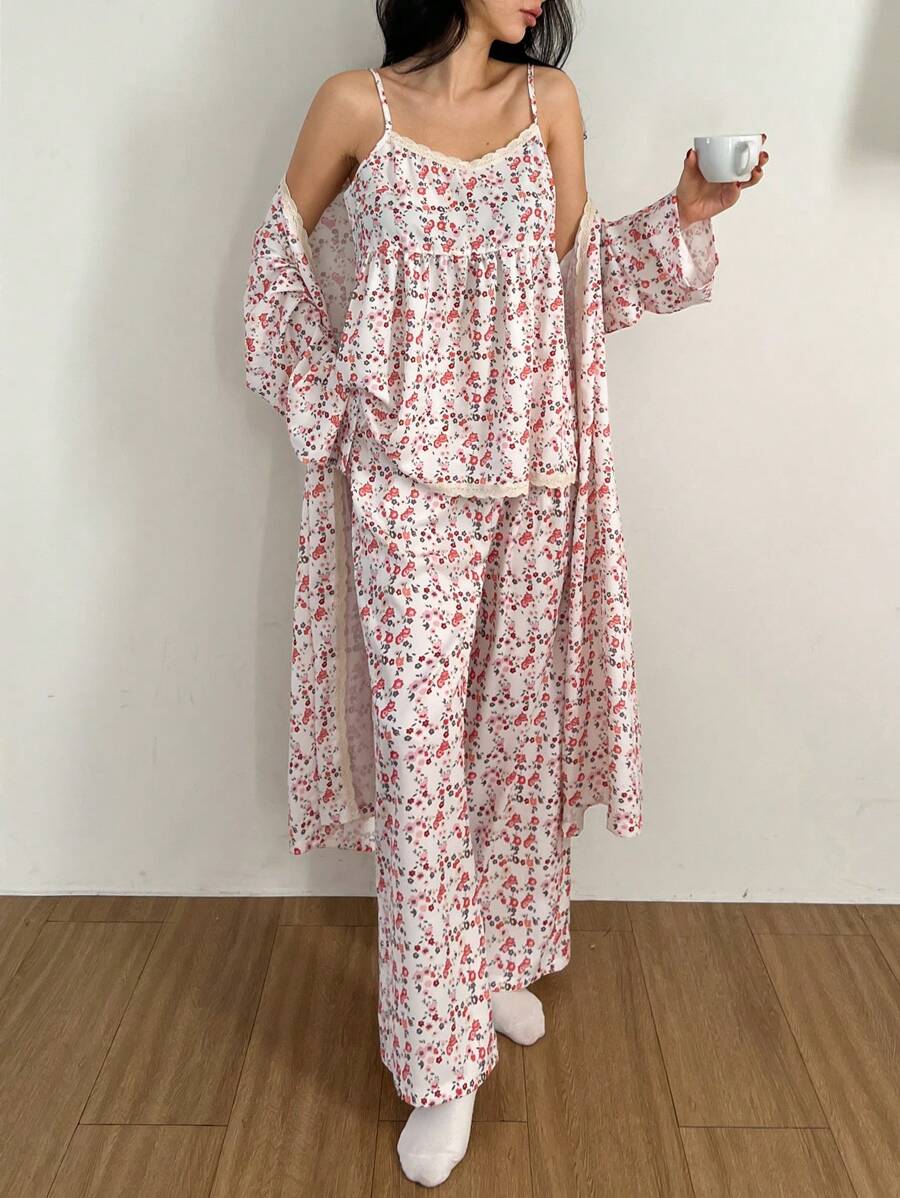 DAZY 3pcs Vacation Ditsy Floral Splice Wrap Robe, Cami Top And Loose Pants Sleepwear Set