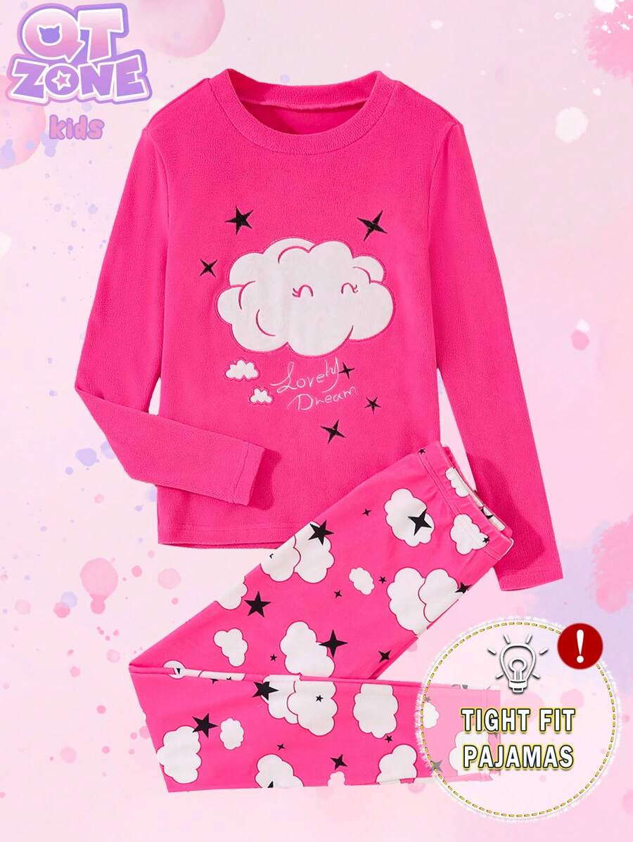 2pcs Tween Girls Cloud Print Casual Snug Fit Long Sleeve Top And Pants Pajamas Set