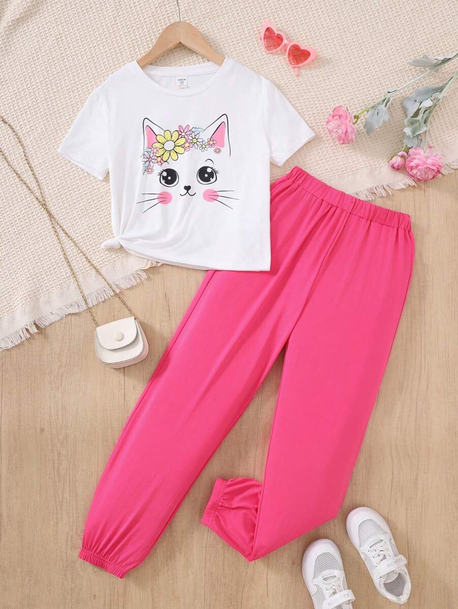 Tween Girl Casual Cute Cartoon Cat & Floral Print Matching T-Shirt And Tapered Pants 2 Pieces Set