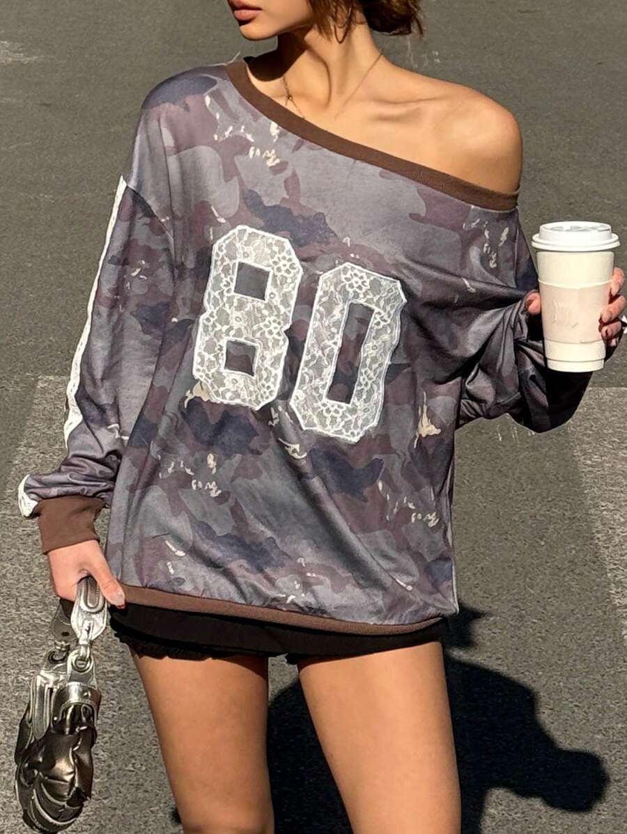 Pull femme épaules dénudées camouflage, pull casual sport blocs de couleurs, printemps et automne