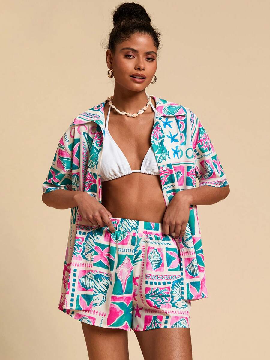 Travachic Set de 2 piezas para mujer de camisa y shorts con estampado de Hawai para primavera/verano