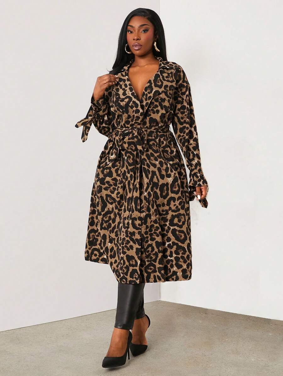 SHEIN SXY Damen Große Größen Leoprint Langarm Mode Trenchcoat