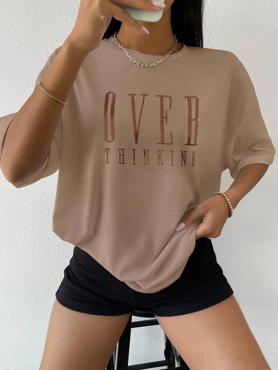 Flirla Drop Shoulder Letter Embroidery Top Graphic Tees Women Tops