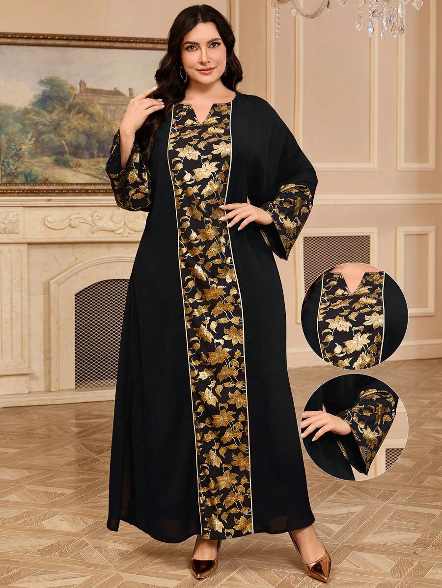 Al Najma Vestido de talla grande elegante con estampado de lámina de oro y parches
