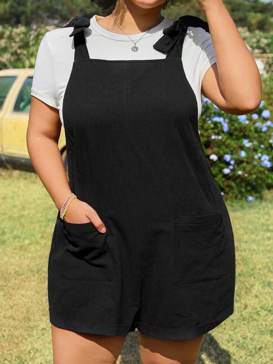 SHEIN EZwear Women Plus Size Black Solid Color Pocket Romper