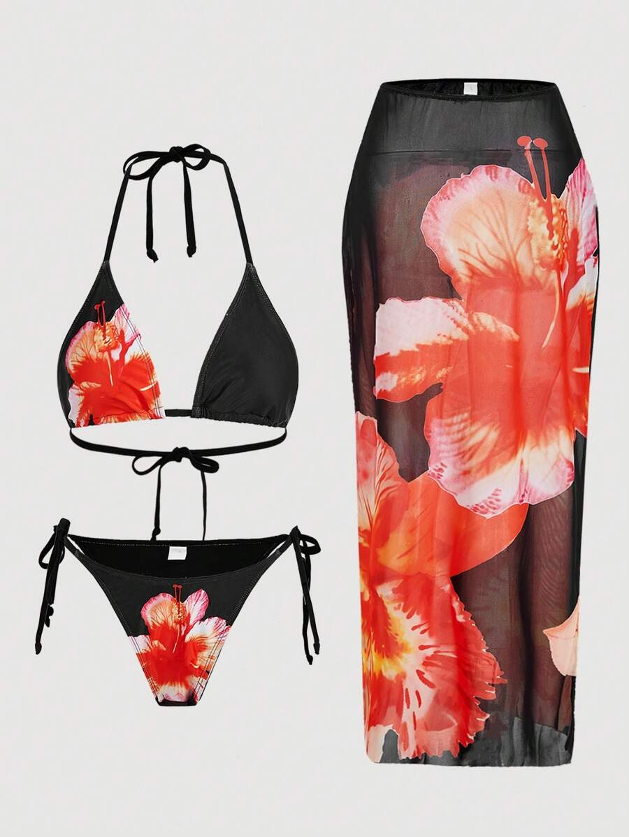 SHEIN MOD 3 Pieces Set: Red Floral Bandeau Bikini Top And Ruffle Skirt Cover-Up, Beach Outfits For Woman, Vacation Outfits Woman, Tropical Vacation Woman Clothes, Swimwear Set, Sexy, Sexy Bikini, Vacation Outfits Women, Beach Vacation, Two Pieces Swimwear For Summer Beach Vacation