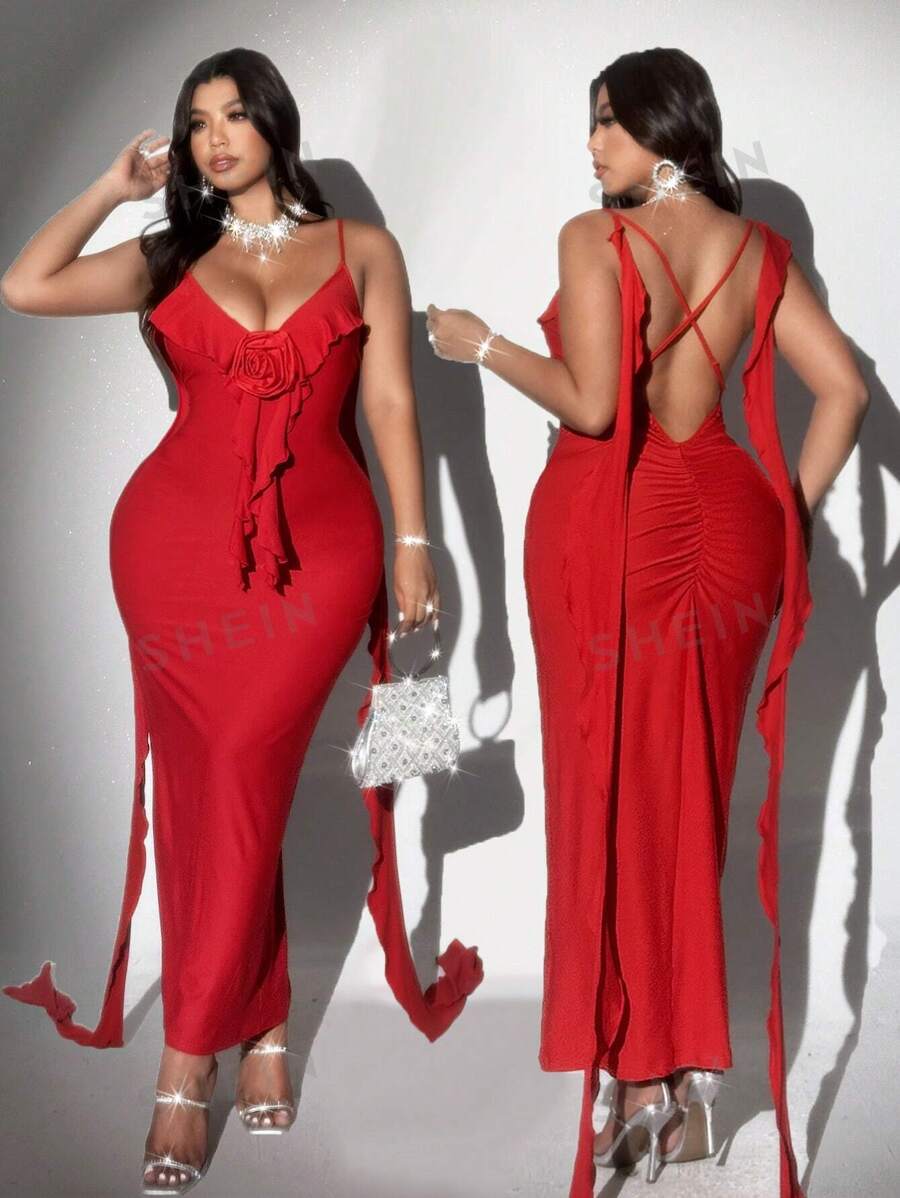 Viva Relle Vestido de tirantes con escote en V y volantes para mujer talla grande, romántico para citas de San Valentín, fiestas y días festivos