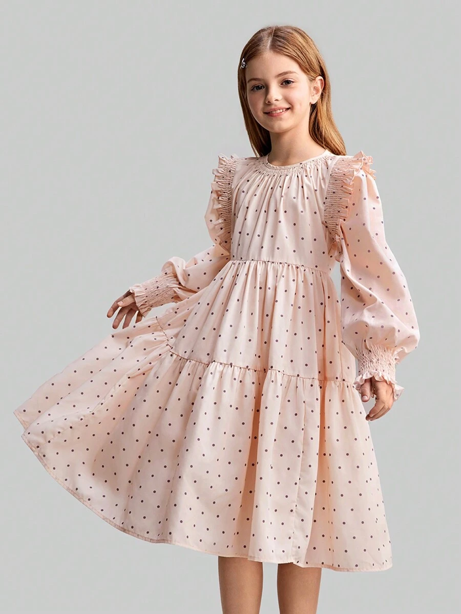 Ontre Tween Girls' Vintage Countryside Resort Polka Dot Decor Puff Sleeve Ruffle Zoom Fit & Flare Casual Comfy Homewear Of Back To School Dress, Lente/Zomer