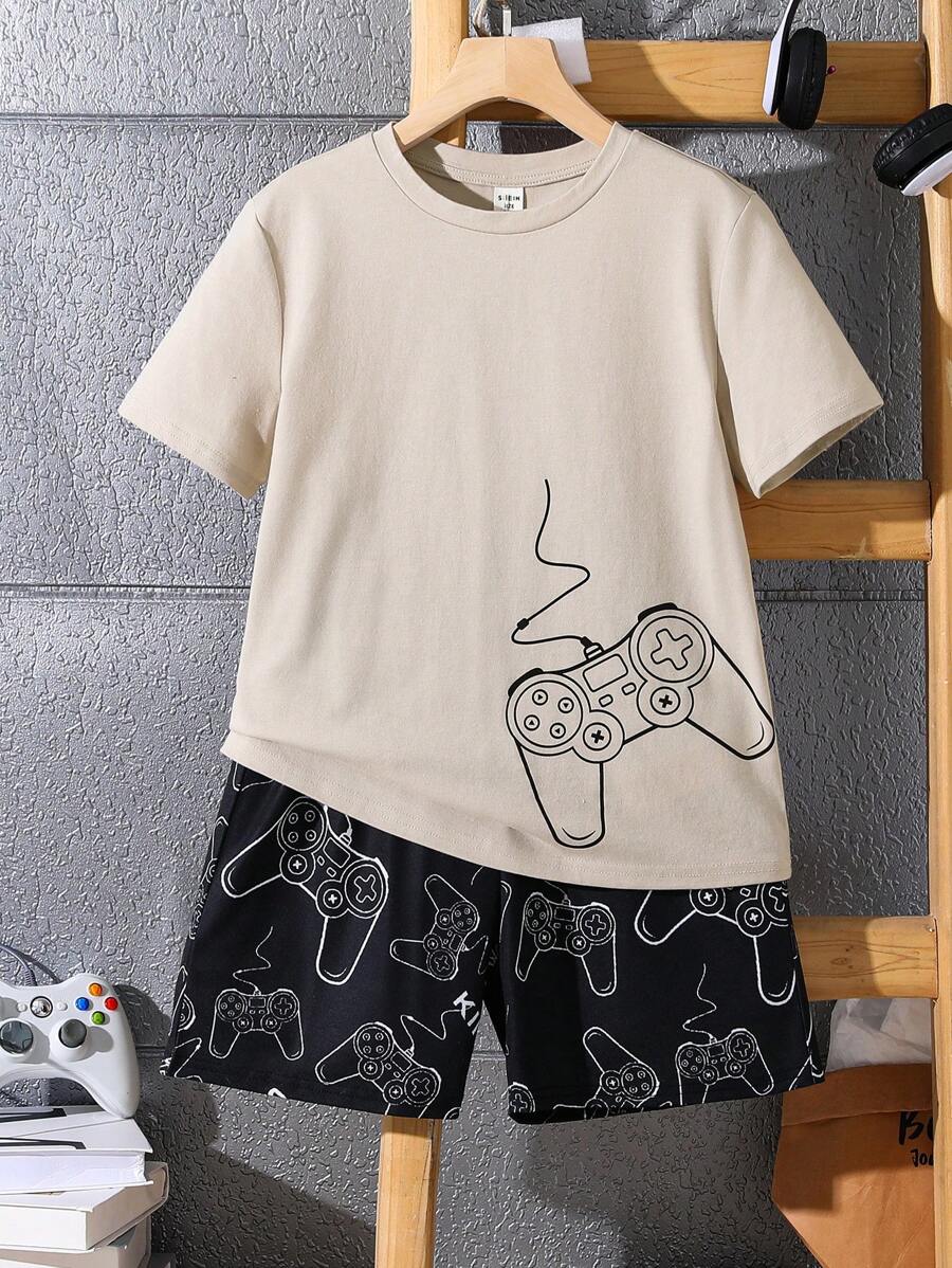 SHEIN Conjunto de 2 peças de camiseta e shorts casuais para meninos adolescentes com gola redonda e videogame gráfico
