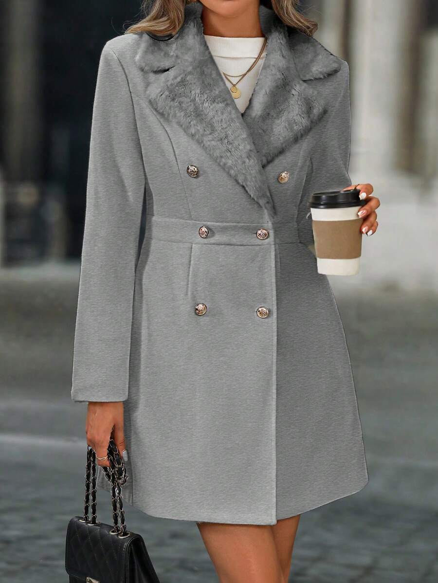 SHEIN Clasi Manteau de laine croisé à col en laine de couleur unie pour femme, automne/hiver