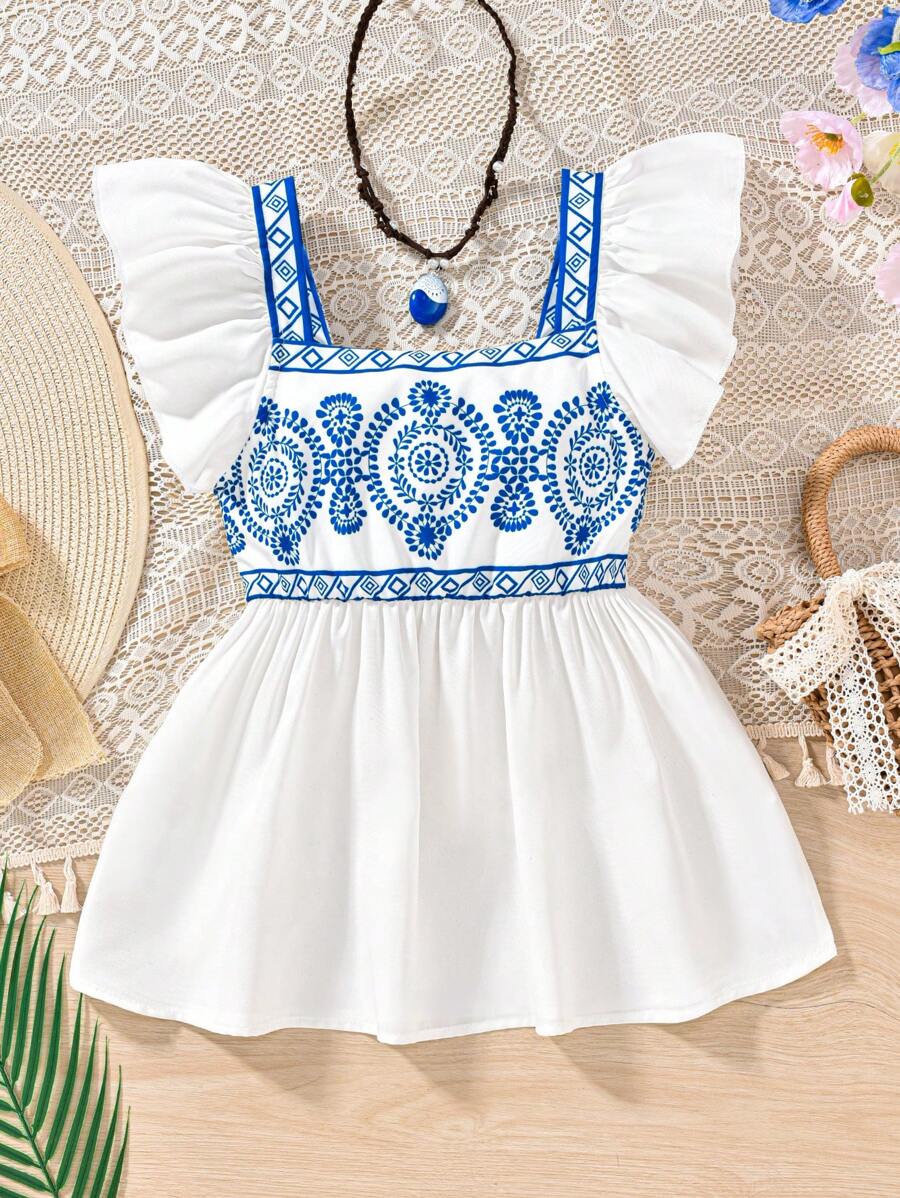 Blusa casual de vacaciones con estampado azul y ribete de volantes para niña preadolescente