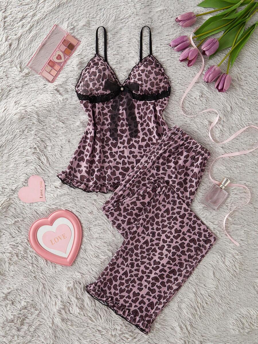1 pièce Ensemble de pyjama femme sexy avec débardeur à imprimé léopard en forme de cœur et pantalon long